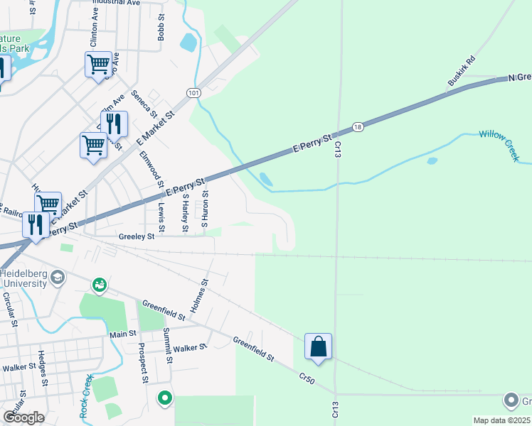 map of restaurants, bars, coffee shops, grocery stores, and more near 423 Autumnwood Drive in Tiffin