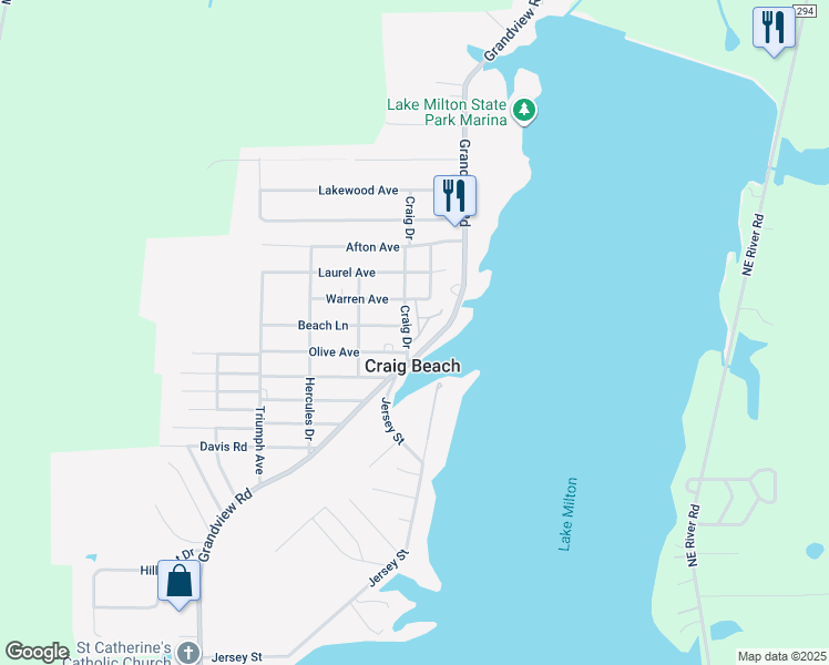 map of restaurants, bars, coffee shops, grocery stores, and more near 1909 Craig Drive in Lake Milton