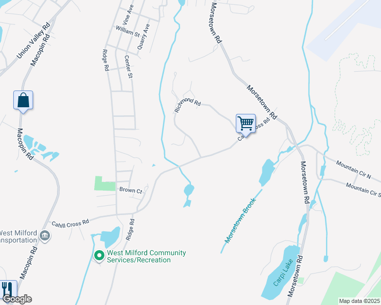 map of restaurants, bars, coffee shops, grocery stores, and more near 1201 Richmond Road in West Milford