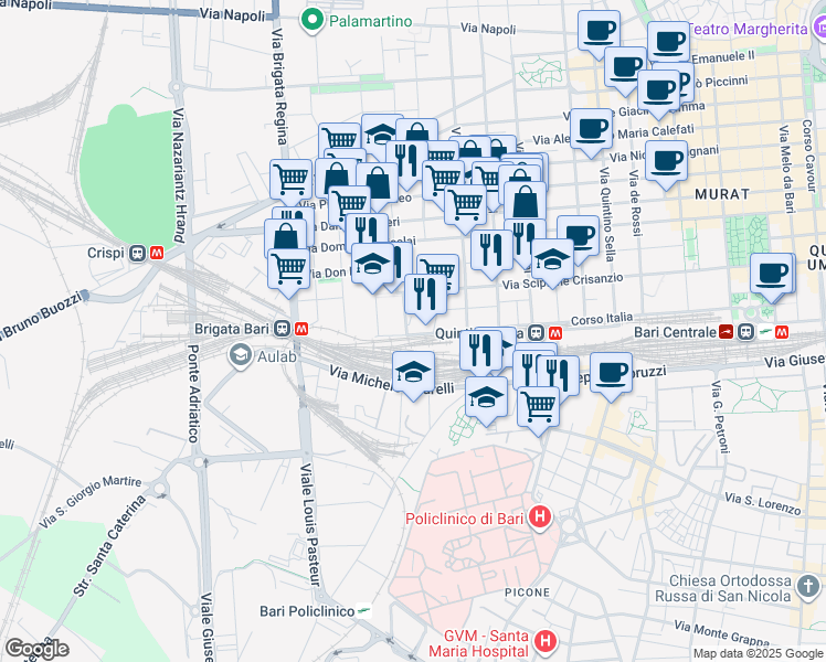 map of restaurants, bars, coffee shops, grocery stores, and more near 165 Corso Italia in Bari
