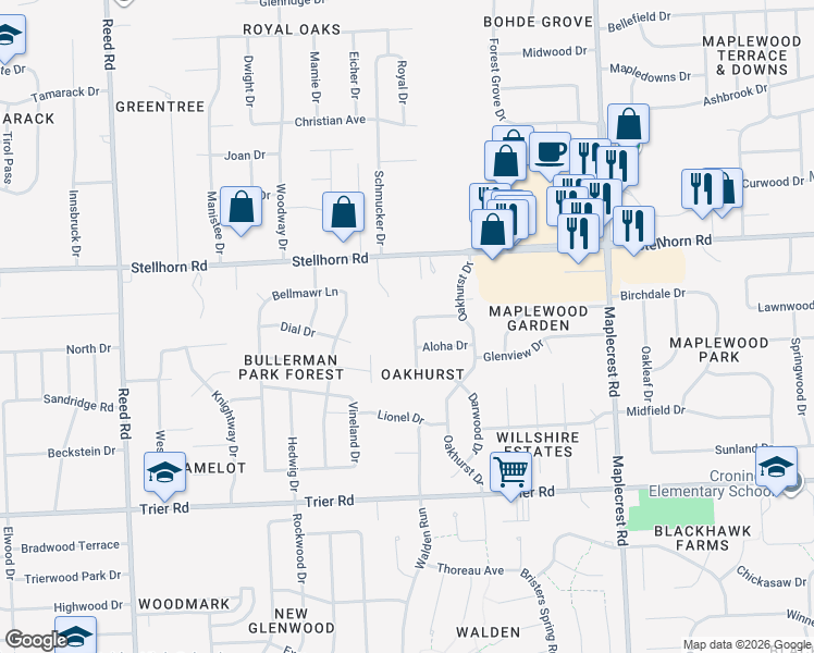map of restaurants, bars, coffee shops, grocery stores, and more near 4227 Darby Drive in Fort Wayne
