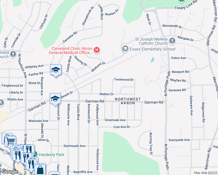 map of restaurants, bars, coffee shops, grocery stores, and more near 540 Auburndale Ave in Akron
