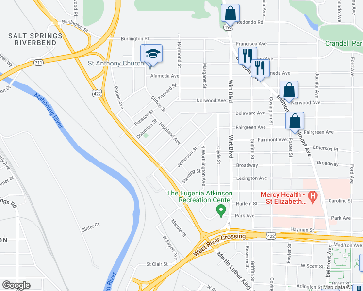 map of restaurants, bars, coffee shops, grocery stores, and more near 199 Superior Street in Youngstown