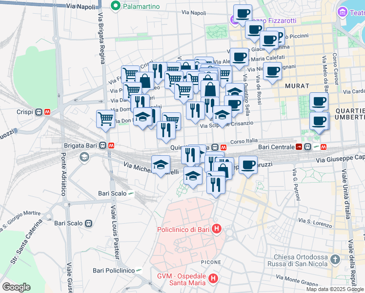 map of restaurants, bars, coffee shops, grocery stores, and more near 107 Corso Italia in Bari