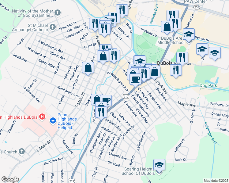 map of restaurants, bars, coffee shops, grocery stores, and more near 107 West Weber Avenue in DuBois