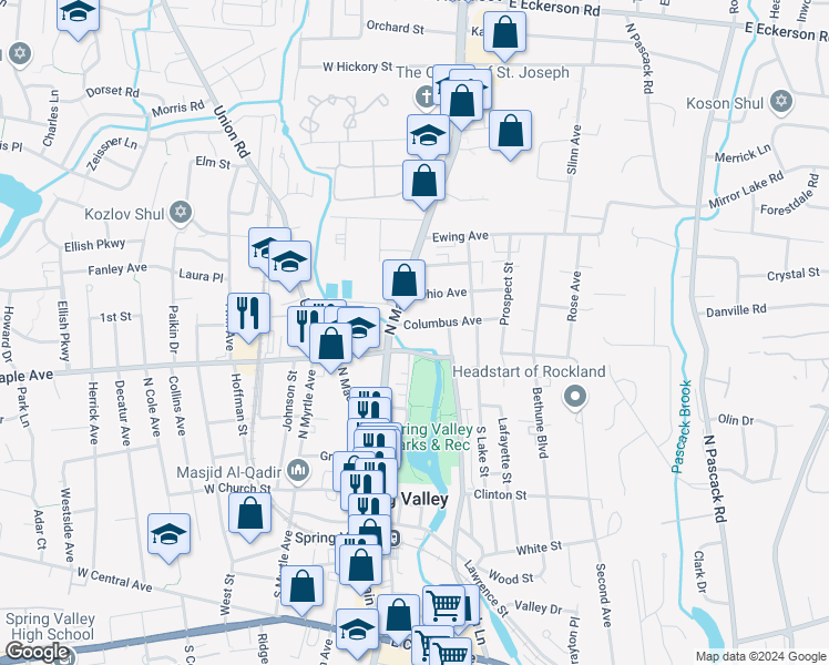 map of restaurants, bars, coffee shops, grocery stores, and more near 30 Columbus Avenue in Spring Valley