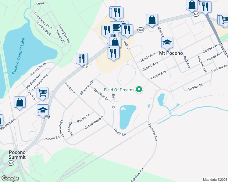map of restaurants, bars, coffee shops, grocery stores, and more near 23 Summit Drive in Mount Pocono