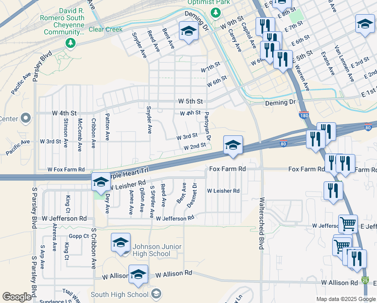 map of restaurants, bars, coffee shops, grocery stores, and more near 611 West Second Street in Cheyenne