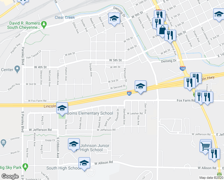 map of restaurants, bars, coffee shops, grocery stores, and more near 611 West Second Street in Cheyenne