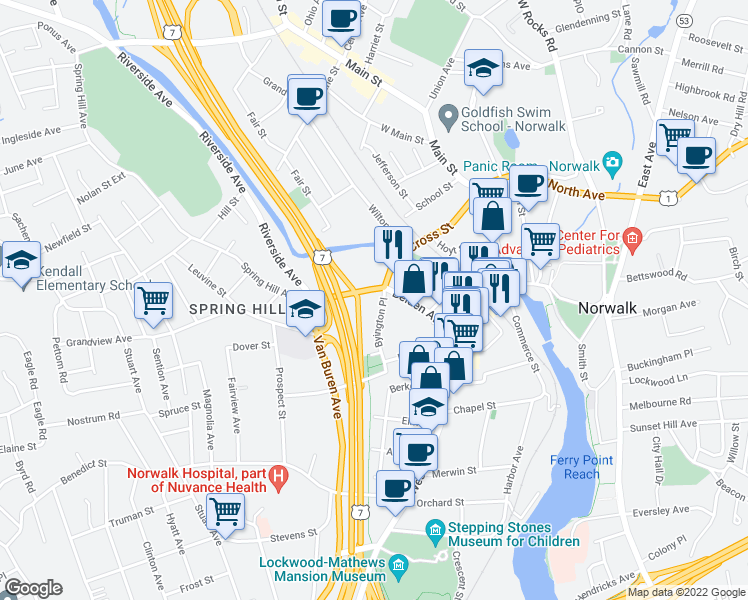 map of restaurants, bars, coffee shops, grocery stores, and more near 25 Belden Avenue in Norwalk