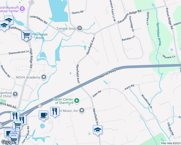 map of restaurants, bars, coffee shops, grocery stores, and more near 61 North Meadows Lane in Stamford