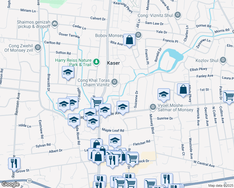 map of restaurants, bars, coffee shops, grocery stores, and more near 3 Elliot Court in Monsey