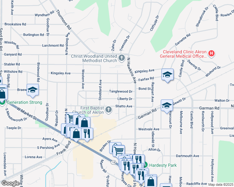 map of restaurants, bars, coffee shops, grocery stores, and more near 1676 Tanglewood Drive in Akron