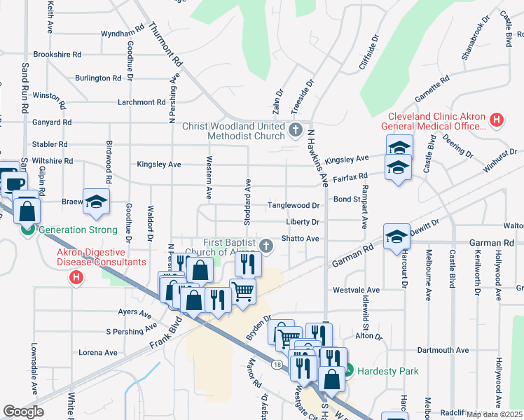 map of restaurants, bars, coffee shops, grocery stores, and more near 1720 Tanglewood Drive in Akron