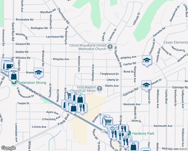map of restaurants, bars, coffee shops, grocery stores, and more near 1764 Tanglewood Drive in Akron