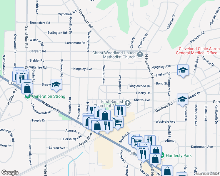 map of restaurants, bars, coffee shops, grocery stores, and more near 208 Western Avenue in Akron