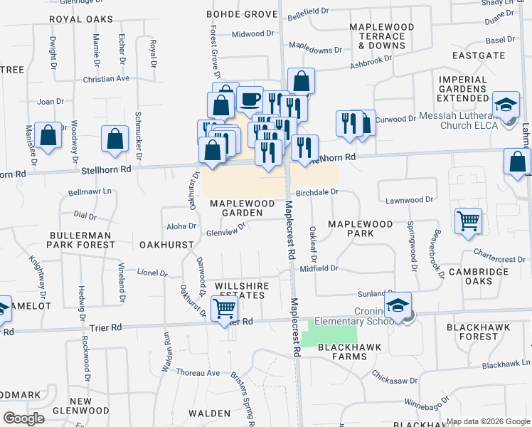 map of restaurants, bars, coffee shops, grocery stores, and more near 6119 Glenview Drive in Fort Wayne