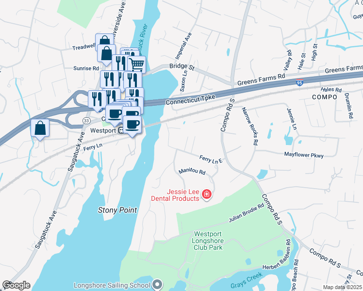 map of restaurants, bars, coffee shops, grocery stores, and more near 24 Ferry Lane East in Westport