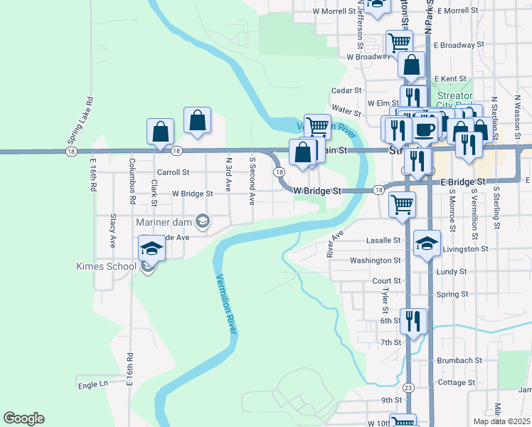 map of restaurants, bars, coffee shops, grocery stores, and more near 314 1st Avenue in Streator