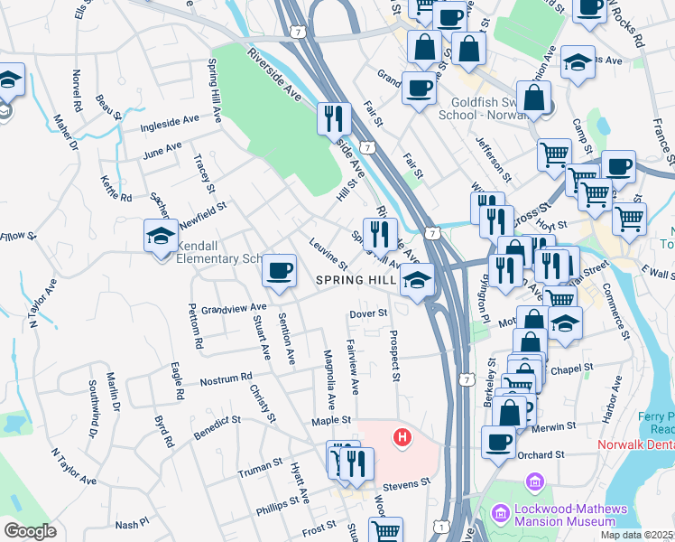 map of restaurants, bars, coffee shops, grocery stores, and more near 8 Leuvine St in Norwalk
