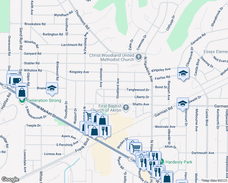 map of restaurants, bars, coffee shops, grocery stores, and more near 1764 Tanglewood Dr in Akron