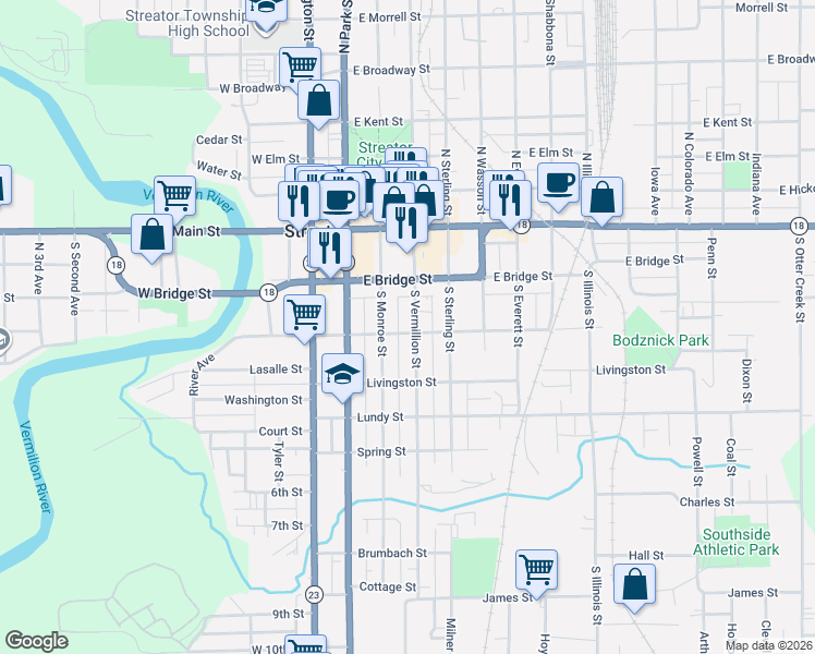 map of restaurants, bars, coffee shops, grocery stores, and more near 220 South Vermillion Street in Streator