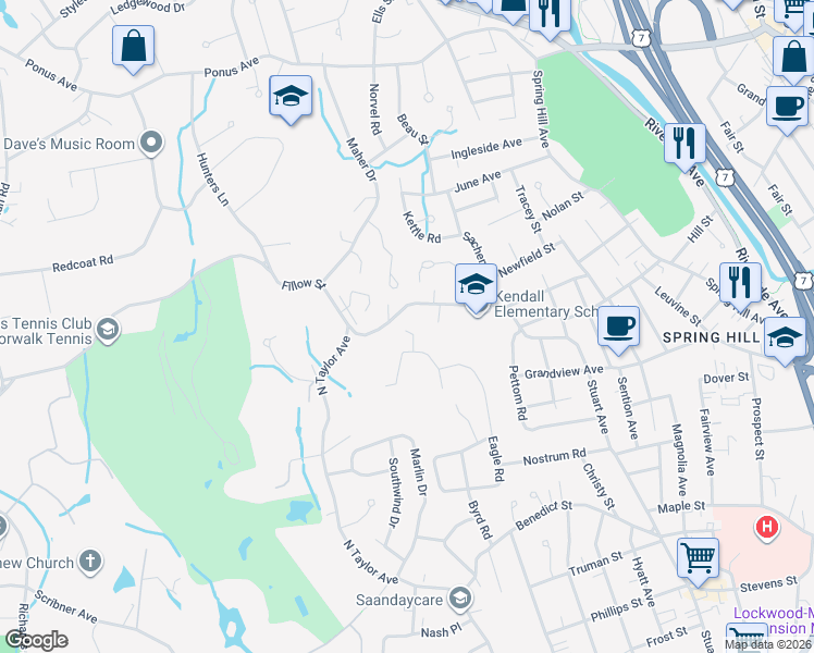 map of restaurants, bars, coffee shops, grocery stores, and more near 14 Rockmeadow Road in Norwalk