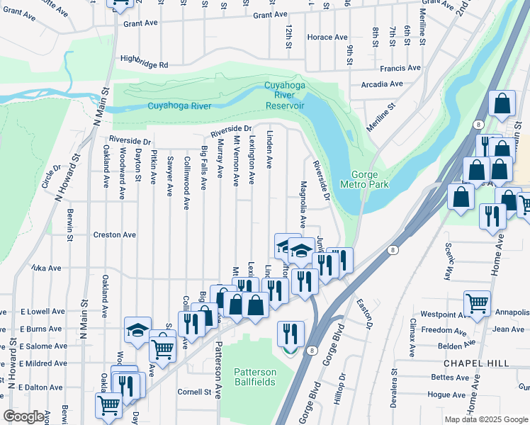 map of restaurants, bars, coffee shops, grocery stores, and more near 1192 Linden Avenue in Akron