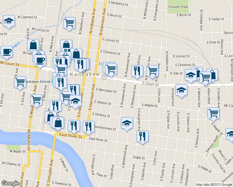 map of restaurants, bars, coffee shops, grocery stores, and more near 744 East Merchant Street in Kankakee