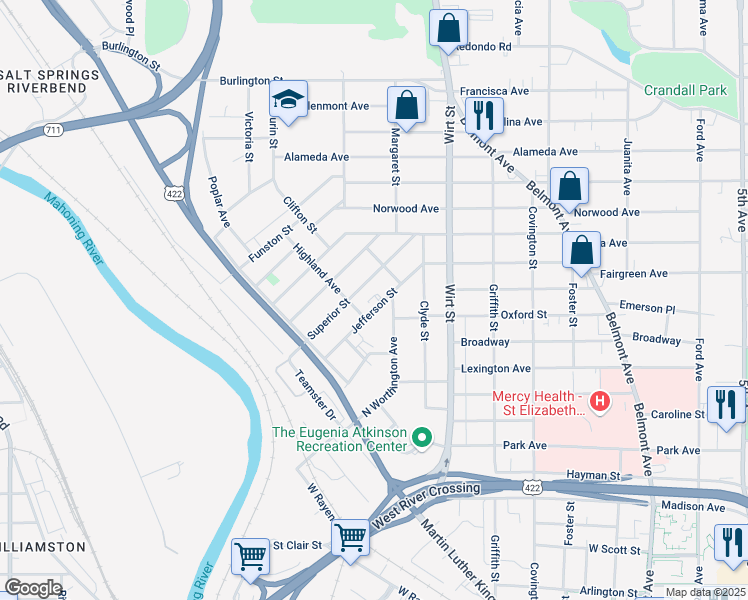 map of restaurants, bars, coffee shops, grocery stores, and more near 220 Jefferson Street in Youngstown