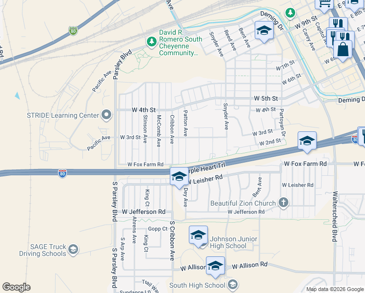 map of restaurants, bars, coffee shops, grocery stores, and more near 260 Patton Avenue in Cheyenne