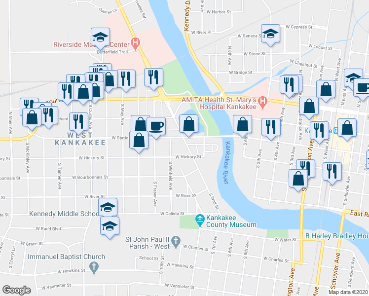 map of restaurants, bars, coffee shops, grocery stores, and more near 355 South Wall Street in Kankakee