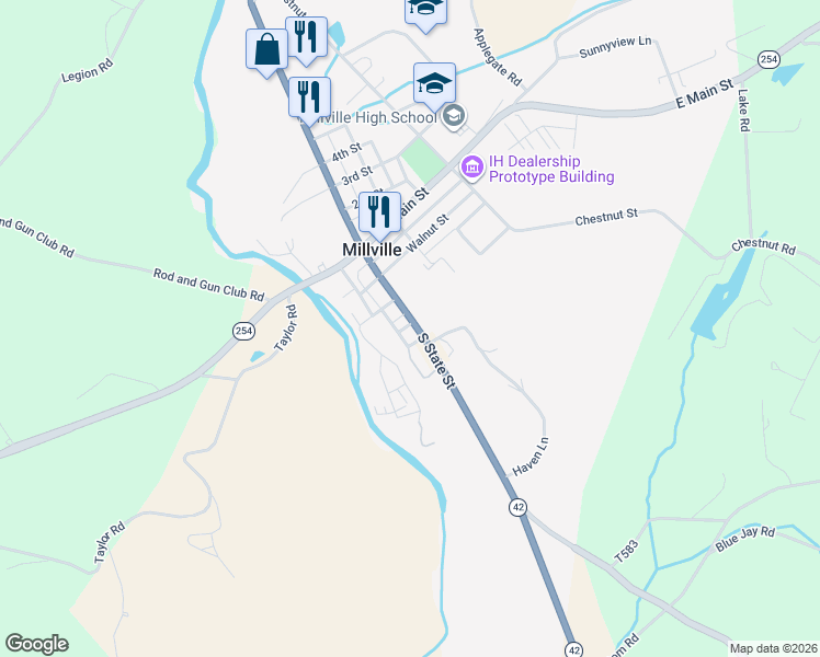 map of restaurants, bars, coffee shops, grocery stores, and more near 306 South State Street in Millville