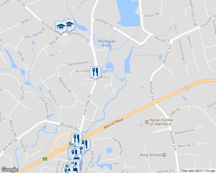 map of restaurants, bars, coffee shops, grocery stores, and more near 8 Hampton Lane in Stamford