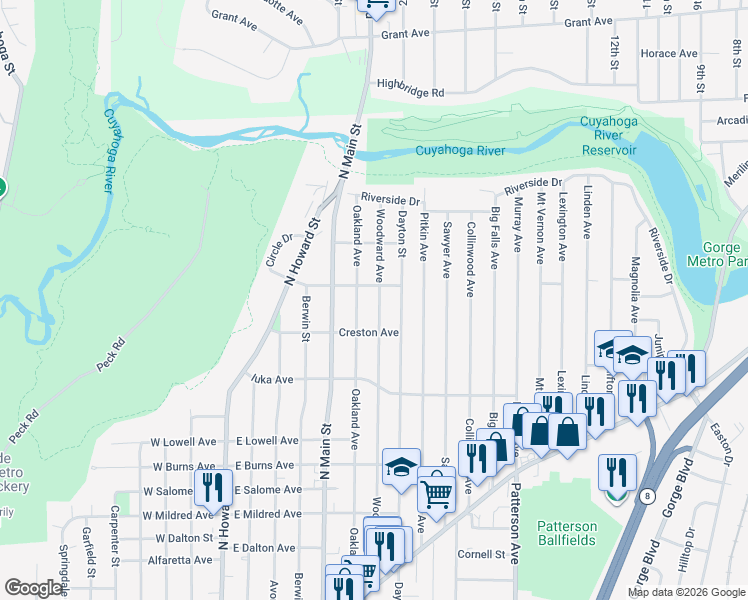 map of restaurants, bars, coffee shops, grocery stores, and more near 1194 Woodward Avenue in Akron