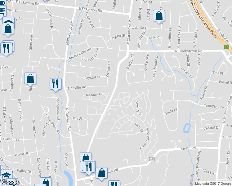 map of restaurants, bars, coffee shops, grocery stores, and more near 72 Timberline Drive in Nanuet