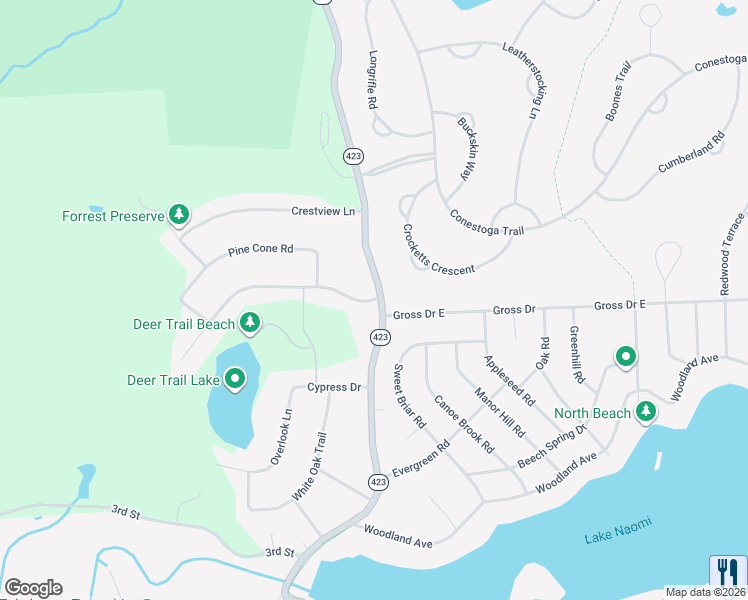map of restaurants, bars, coffee shops, grocery stores, and more near 22-30 Deer Trail Road in Pocono Pines