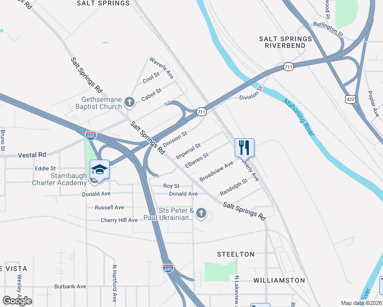 map of restaurants, bars, coffee shops, grocery stores, and more near 443 Imperial Street in Youngstown