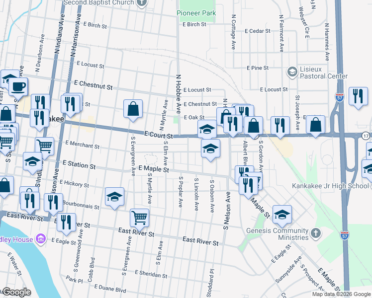 map of restaurants, bars, coffee shops, grocery stores, and more near 1295 East Merchant Street in Kankakee