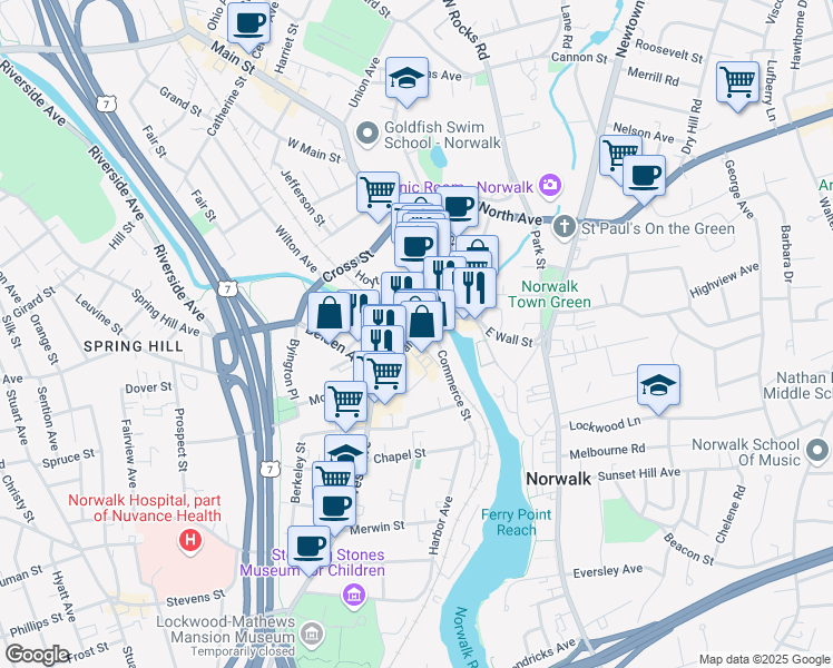 map of restaurants, bars, coffee shops, grocery stores, and more near 1 Mechanic Street in Norwalk