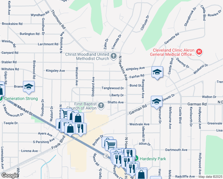 map of restaurants, bars, coffee shops, grocery stores, and more near 1676 Tanglewood Drive in Akron