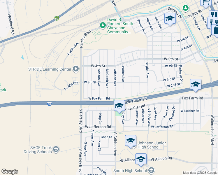map of restaurants, bars, coffee shops, grocery stores, and more near 243 McComb Avenue in Cheyenne