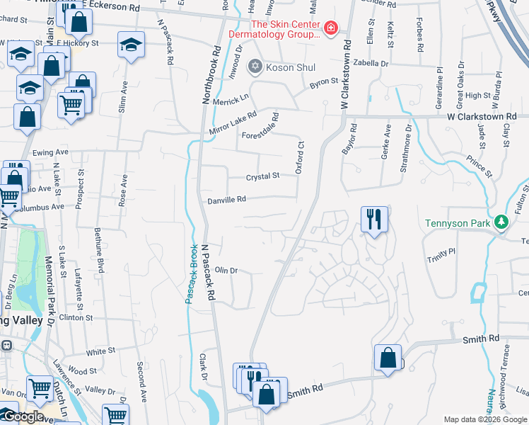 map of restaurants, bars, coffee shops, grocery stores, and more near 87 Meadow Lane in Nanuet
