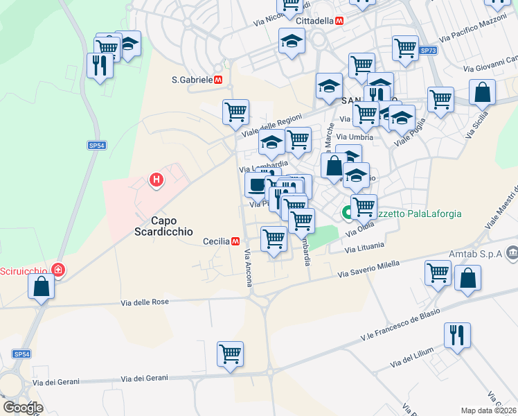 map of restaurants, bars, coffee shops, grocery stores, and more near 90 Via Piemonte in Bari