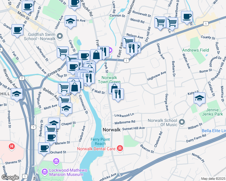 map of restaurants, bars, coffee shops, grocery stores, and more near 83 East Avenue in Norwalk