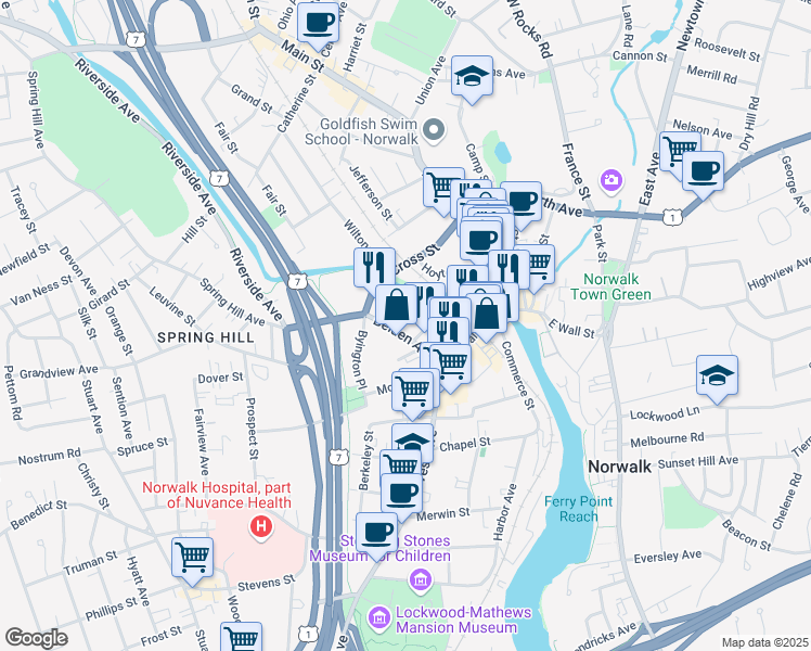 map of restaurants, bars, coffee shops, grocery stores, and more near 24 Burnell Boulevard in Norwalk