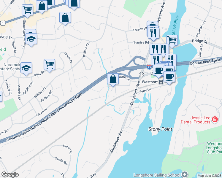 map of restaurants, bars, coffee shops, grocery stores, and more near 2 Heritage Court in Westport