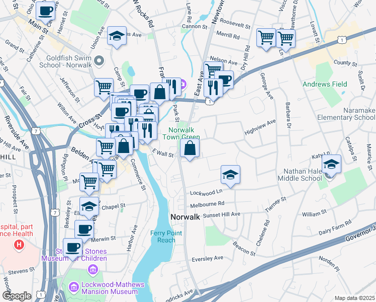 map of restaurants, bars, coffee shops, grocery stores, and more near 83 East Avenue in Norwalk