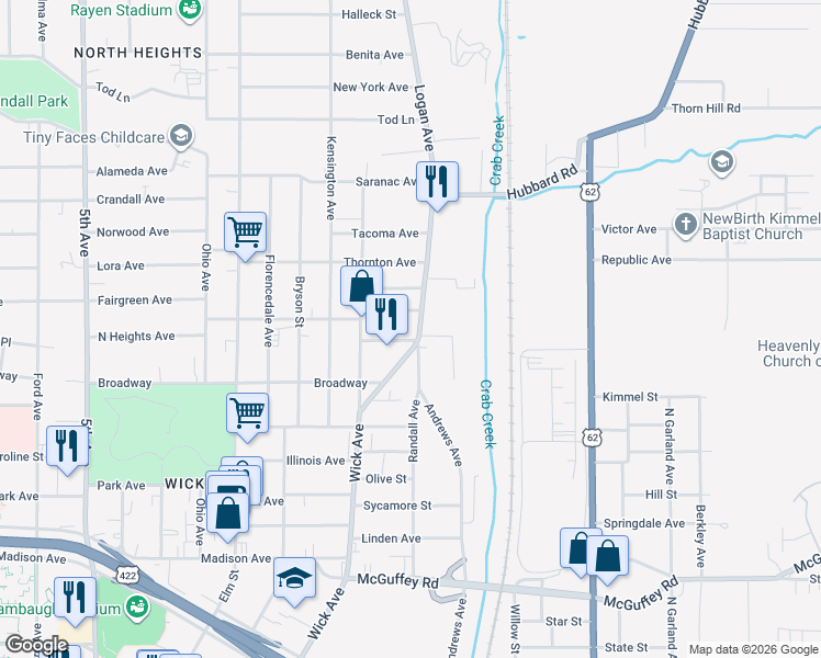 map of restaurants, bars, coffee shops, grocery stores, and more near 1366 Logan Avenue in Youngstown