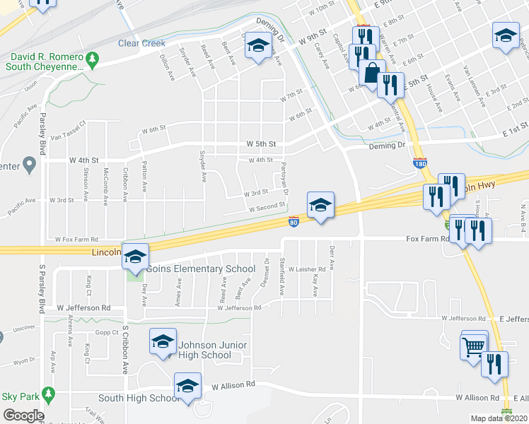 map of restaurants, bars, coffee shops, grocery stores, and more near 611 West Second Street in Cheyenne